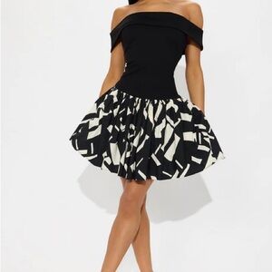 Off-Shoulder Black Dress with Graphic Black & White Skirt